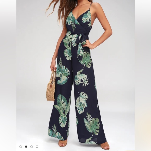 Lulus Pants - Lulu’s Womens Give Me A Tropical Leaf Printed Backless Wide Leg Jumpsuit Navy XS
